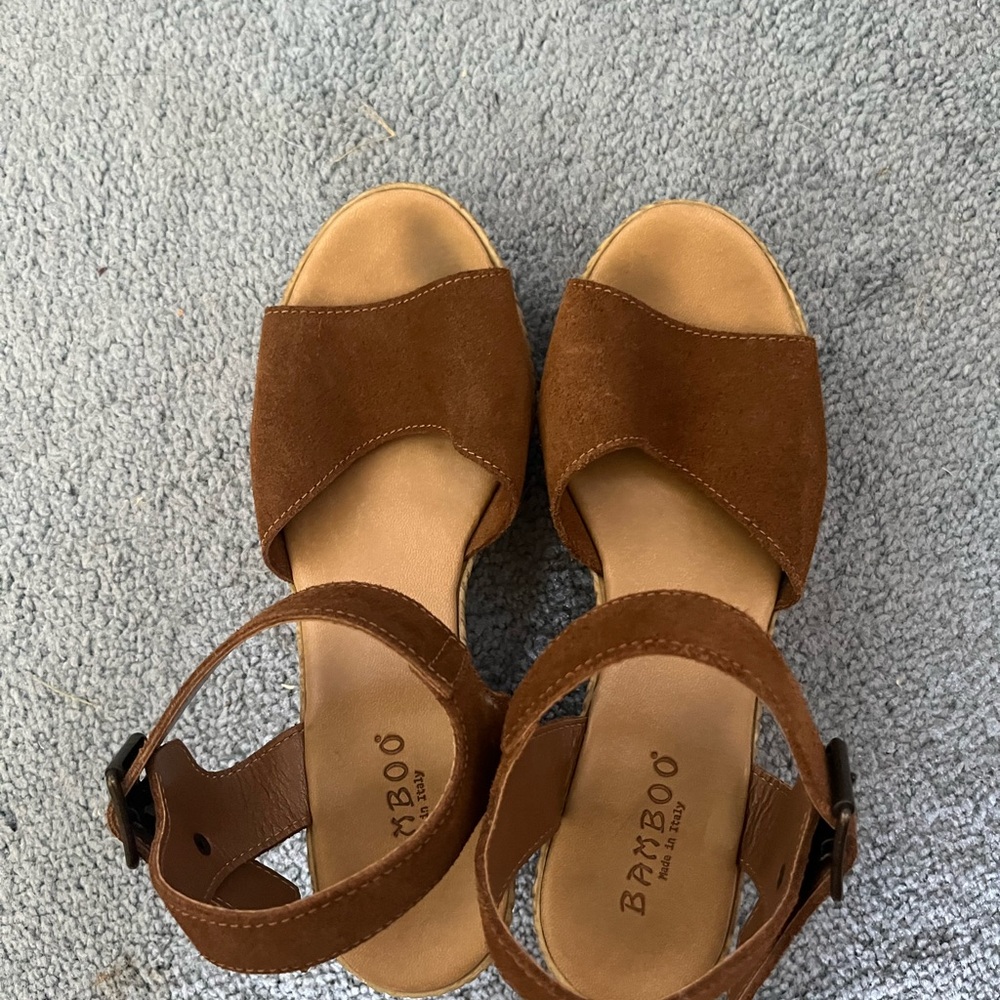 BAMBOO Brown Suede Sandals with Peep-Toe Design